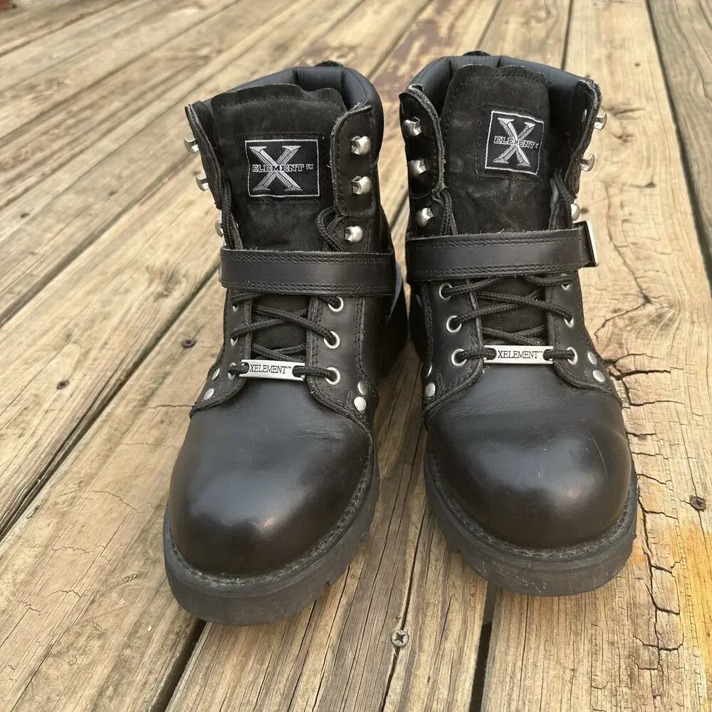 Xelement Impact Black Motorcycle Biker Strap Boots Men's 9.5 Leather Lace Up